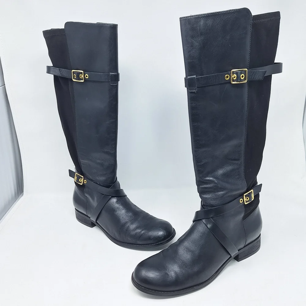 Cole Haan Dorian Stretch Black Riding Boot Leather Boots Gold Hardware